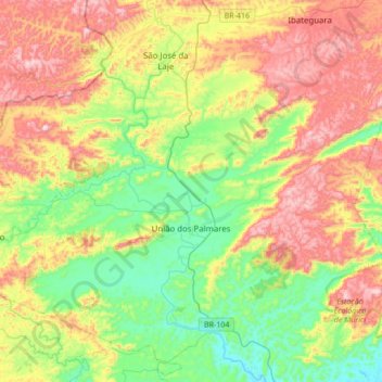 União dos Palmares topographic map, elevation, terrain