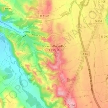 Boueilh-Boueilho-Lasque topographic map, elevation, terrain