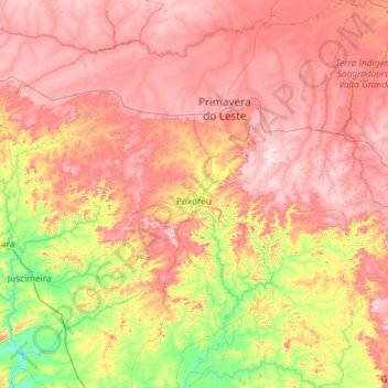 Poxoréu topographic map, elevation, terrain