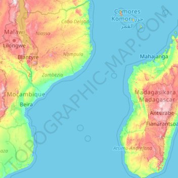 Mozambique Channel topographic map, elevation, terrain