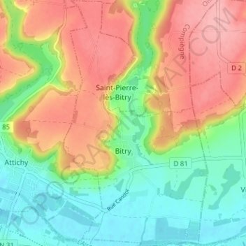 Bitry topographic map, elevation, terrain
