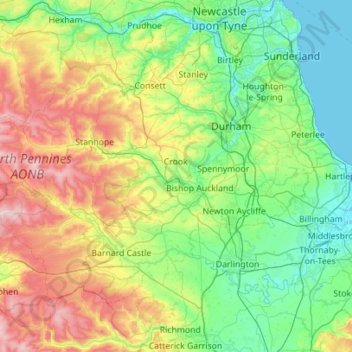 County Durham topographic map, elevation, terrain