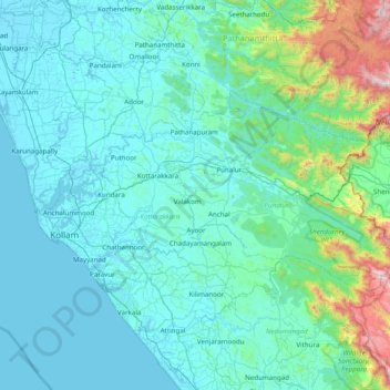 Kollam topographic map, elevation, terrain