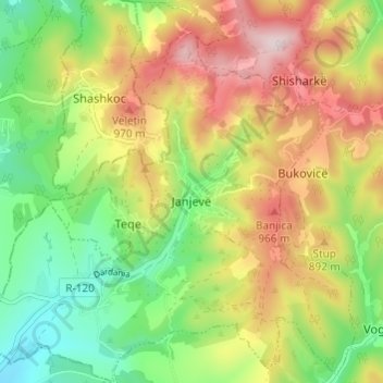 Janjevë topographic map, elevation, terrain