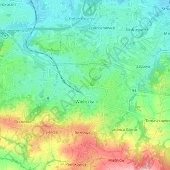 Wieliczka topographic map, elevation, terrain