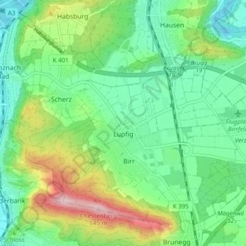 Lupfig topographic map, elevation, terrain