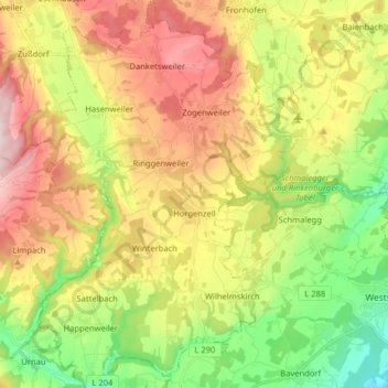 Horgenzell topographic map, elevation, terrain