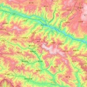 元阳县 topographic map, elevation, terrain