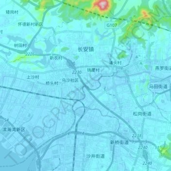 长安镇 topographic map, elevation, terrain