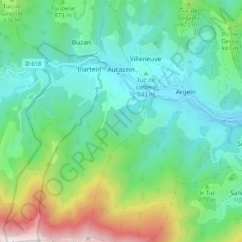 Aucazein topographic map, elevation, terrain