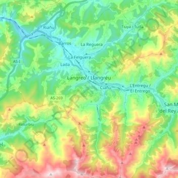 Llangréu / Langreo topographic map, elevation, terrain
