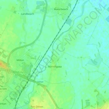 Horningsea topographic map, elevation, terrain