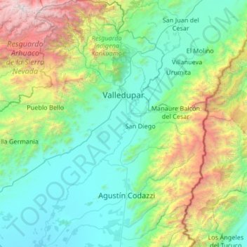 Valledupar topographic map, elevation, terrain