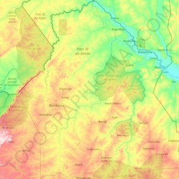 Alibori Department topographic map, elevation, terrain