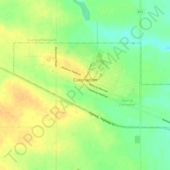 Town of Coronation topographic map, elevation, terrain