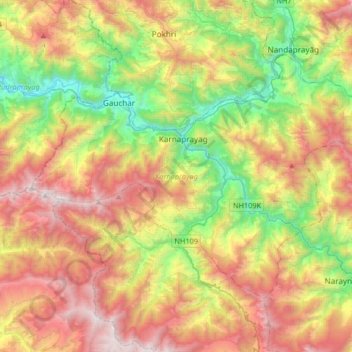 Karnaprayag topographic map, elevation, terrain