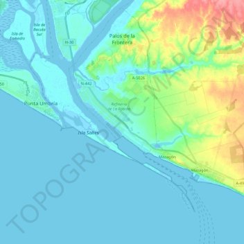 Palos de la Frontera topographic map, elevation, terrain