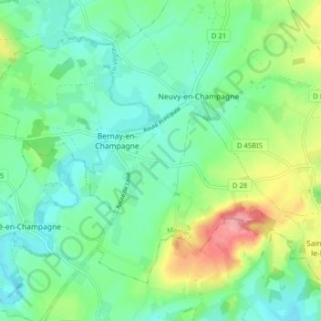 Bernay-en-Champagne topographic map, elevation, terrain