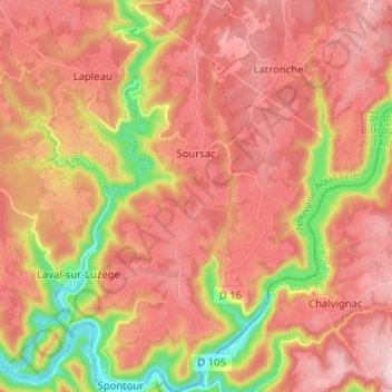Soursac topographic map, elevation, terrain
