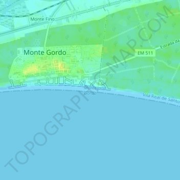 Praia de Monte Gordo topographic map, elevation, terrain