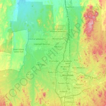 Windhoek topographic map, elevation, terrain