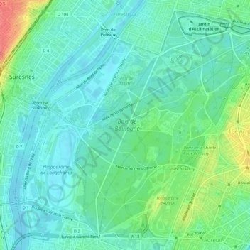 Bois de Boulogne topographic map, elevation, terrain
